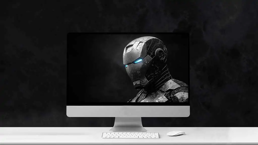 Black and white Iron Man armor wallpaper with blue glowing eyes in noir style, featuring battle-worn textures in 4K Ultra HD for desktop