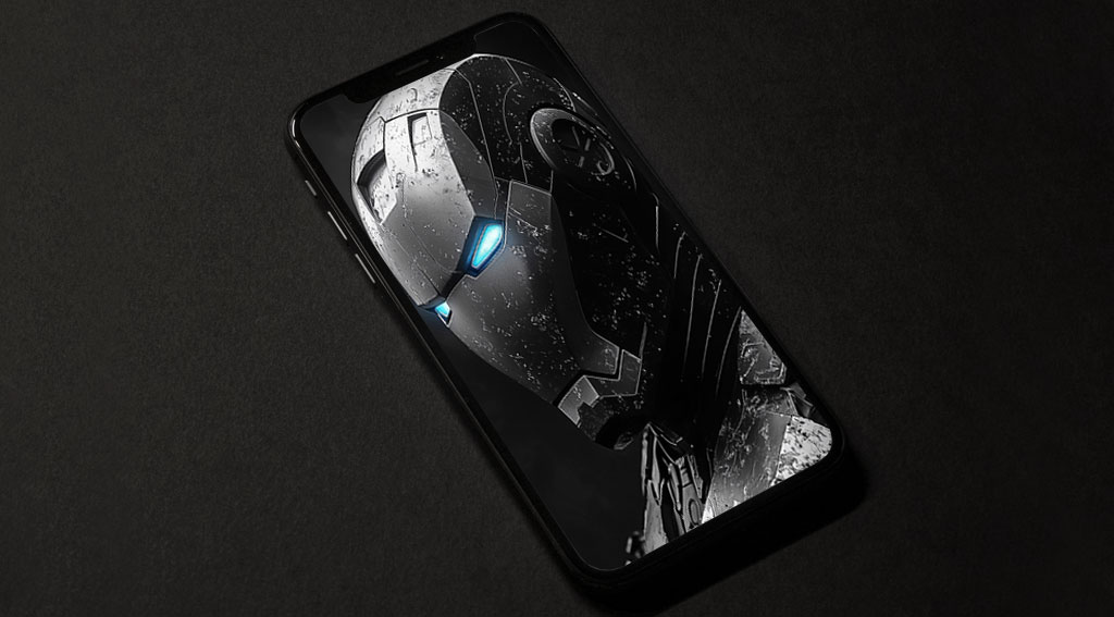 Fond d'écran d'armure Iron Man noir et blanc avec des yeux bleus brillants dans un style noir, avec des textures usées par la bataille en 4K Ultra HD pour téléphone mobile et iPhone