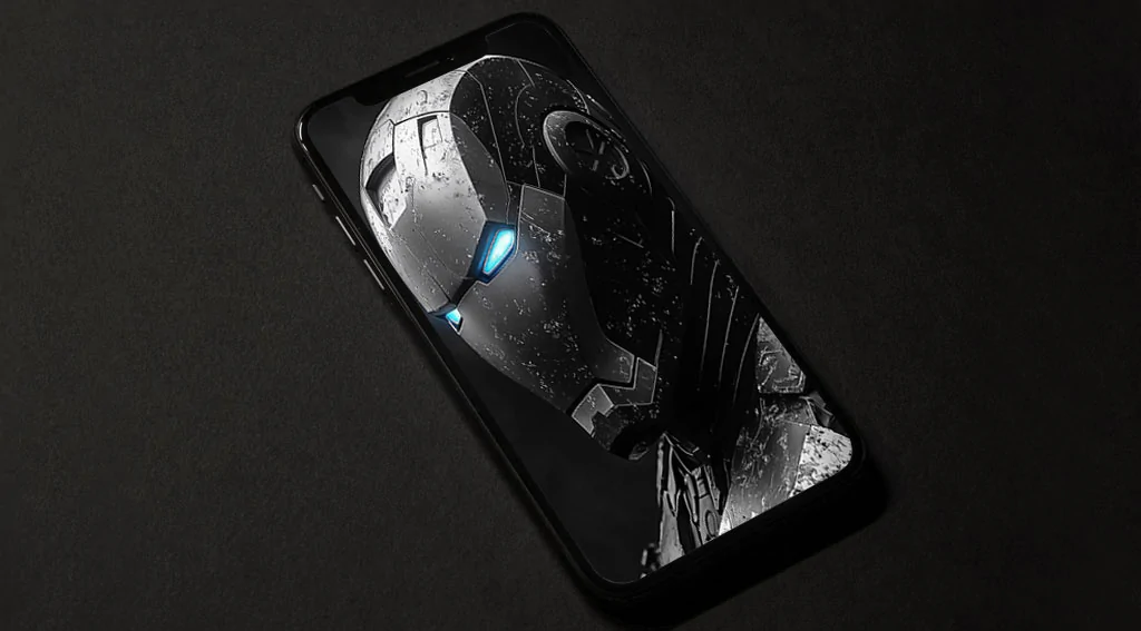 Black and white Iron Man armor wallpaper with blue glowing eyes in noir style, featuring battle-worn textures in 4K Ultra HD for mobile phone and iphone