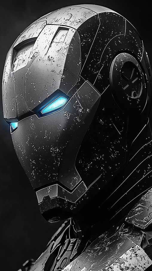 Fond d'écran d'armure Iron Man noir et blanc avec des yeux bleus brillants dans un style noir, avec des textures usées par la bataille en 4K Ultra HD pour téléphone mobile et iPhone