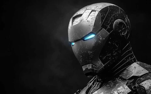 Black and white Iron Man armor wallpaper with blue glowing eyes in noir style, featuring battle-worn textures in 4K Ultra HD for all devices