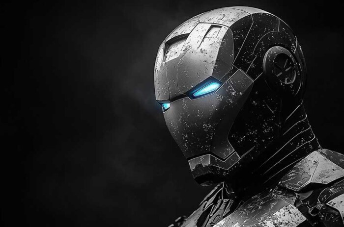 Fond d'écran noir et blanc de l'armure d'Iron Man avec des yeux bleus brillants dans un style noir, avec des textures usées par le combat en 4K Ultra HD pour tous les appareils.