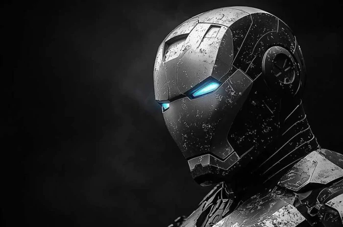 Black and white Iron Man armor wallpaper with blue glowing eyes in noir style, featuring battle-worn textures in 4K Ultra HD for all devices