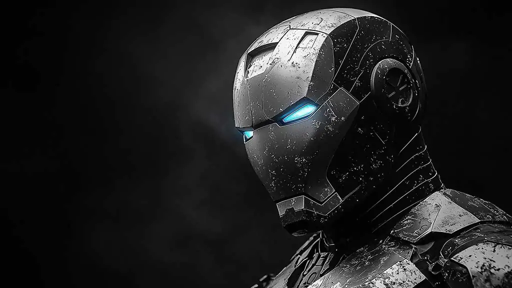 Black and white Iron Man armor wallpaper with blue glowing eyes in noir style, featuring battle-worn textures in 4K Ultra HD for all devices