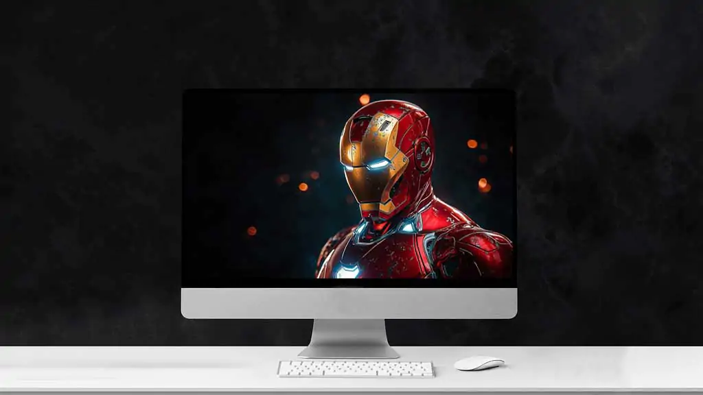 Iron Man red and gold classic armor wallpaper 4K with glowing blue accents and bokeh effects in Ultra HD resolution for desktop