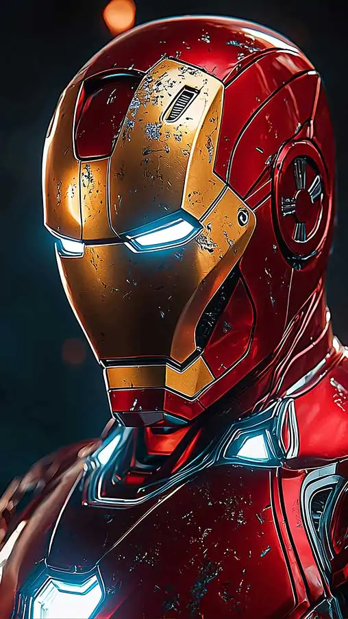 Iron Man red and gold classic armor wallpaper 4K with glowing blue accents and bokeh effects in Ultra HD resolution for mobile phone and iphone