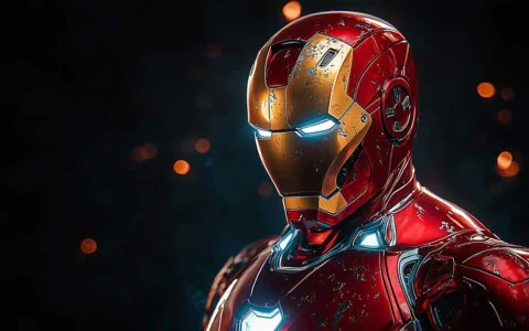 Iron Man red and gold classic armor wallpaper 4K with glowing blue accents and bokeh effects in Ultra HD resolution for all devices