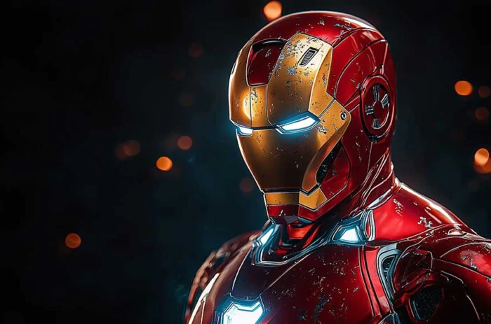 Fond d'écran 4K de l'armure classique rouge et or d'Iron Man avec des accents bleus lumineux et des effets bokeh en résolution Ultra HD pour tous les appareils