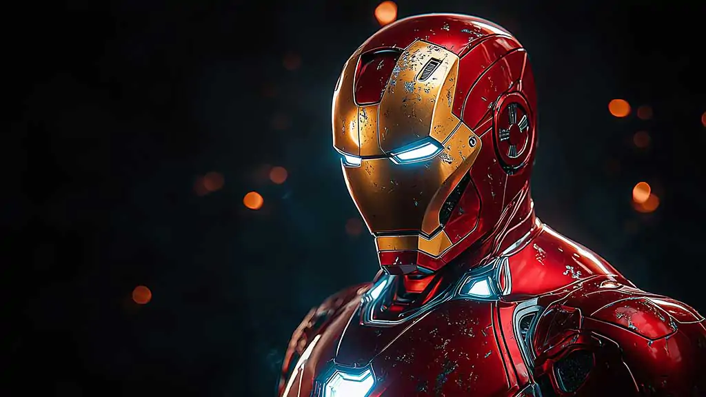 Iron Man red and gold classic armor wallpaper 4K with glowing blue accents and bokeh effects in Ultra HD resolution for all devices