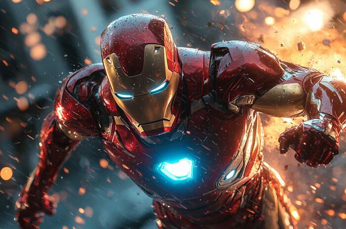 fond d'écran d'action dynamique Iron Man 4K avec effets de pluie et d'étincelles explosives, avec réacteur à arc lumineux en résolution Ultra HD tous les appareils