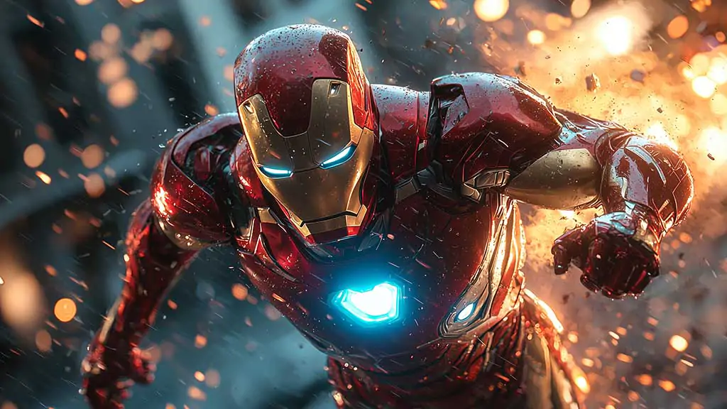 Dynamic Iron Man action wallpaper 4K with rain effects and explosive sparks, featuring glowing arc reactor in Ultra HD resolution all devices