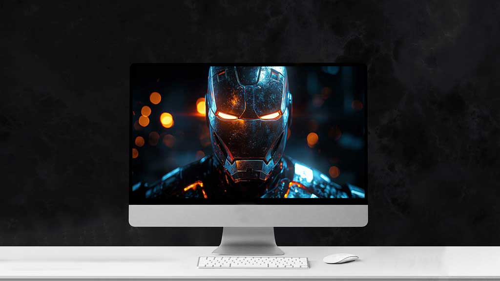 Fond d'écran 4K d'un casque d'Iron Man sombre avec des yeux orange lumineux et des effets de lumière bleue en résolution Ultra HD pour bureau