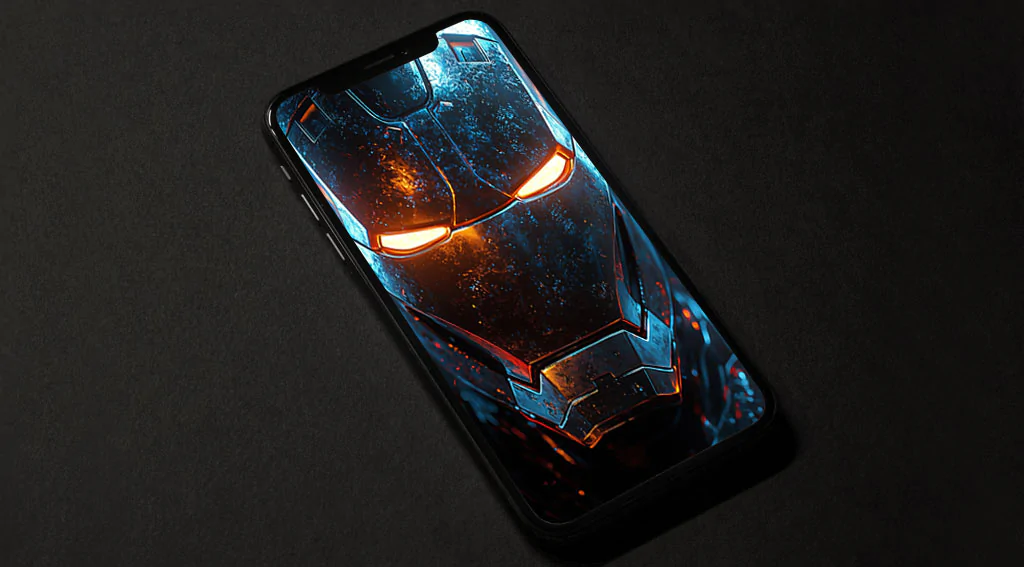 Moody Iron Man helmet wallpaper 4K with glowing orange eyes and blue lighting effects in Ultra HD resolution for mobile phone and iphone