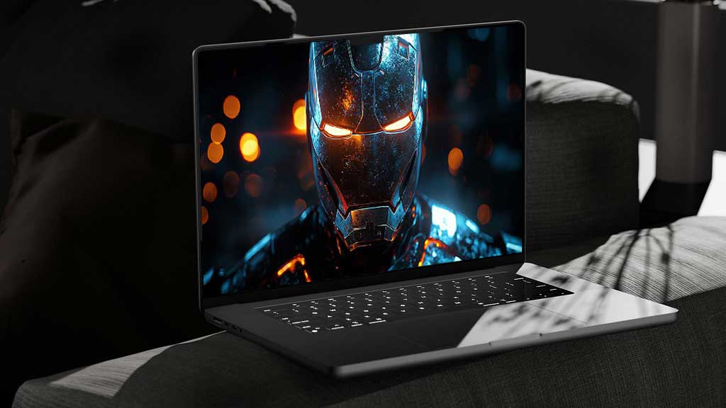 Fond d'écran 4K du casque d'Iron Man de Moody avec des yeux orange brillants et des effets d'éclairage bleu en résolution Ultra HD pour ordinateur portable
