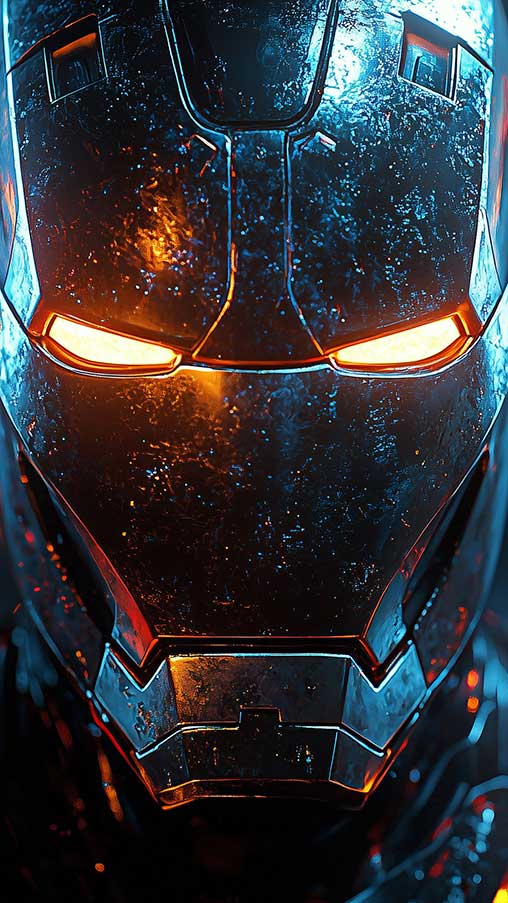 Fond d'écran 4K du casque d'Iron Man sombre avec des yeux orange lumineux et des effets de lumière bleue en résolution Ultra HD pour téléphone portable et iPhone