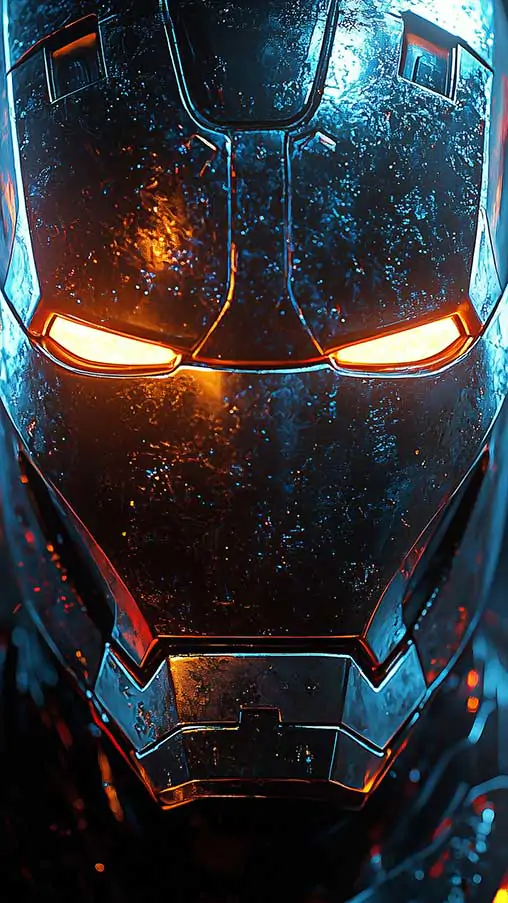 Moody Iron Man helmet wallpaper 4K with glowing orange eyes and blue lighting effects in Ultra HD resolution for mobile phone and iphone