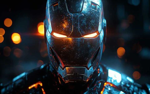 Moody Iron Man helmet wallpaper 4K with glowing orange eyes and blue lighting effects in Ultra HD resolution for all devices