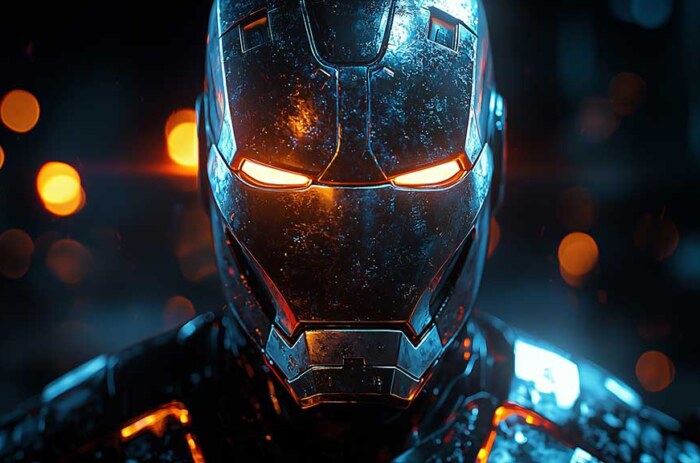 Fond d'écran 4K du casque d'Iron Man sombre avec des yeux orange lumineux et des effets de lumière bleue en résolution Ultra HD pour tous les appareils