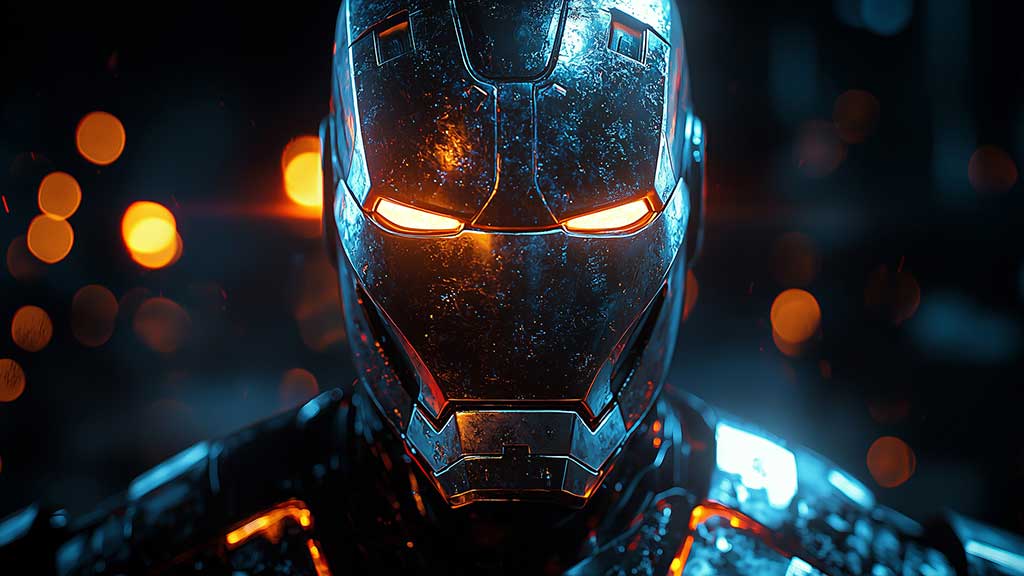 Fond d'écran 4K du casque d'Iron Man sombre avec des yeux orange lumineux et des effets de lumière bleue en résolution Ultra HD pour tous les appareils