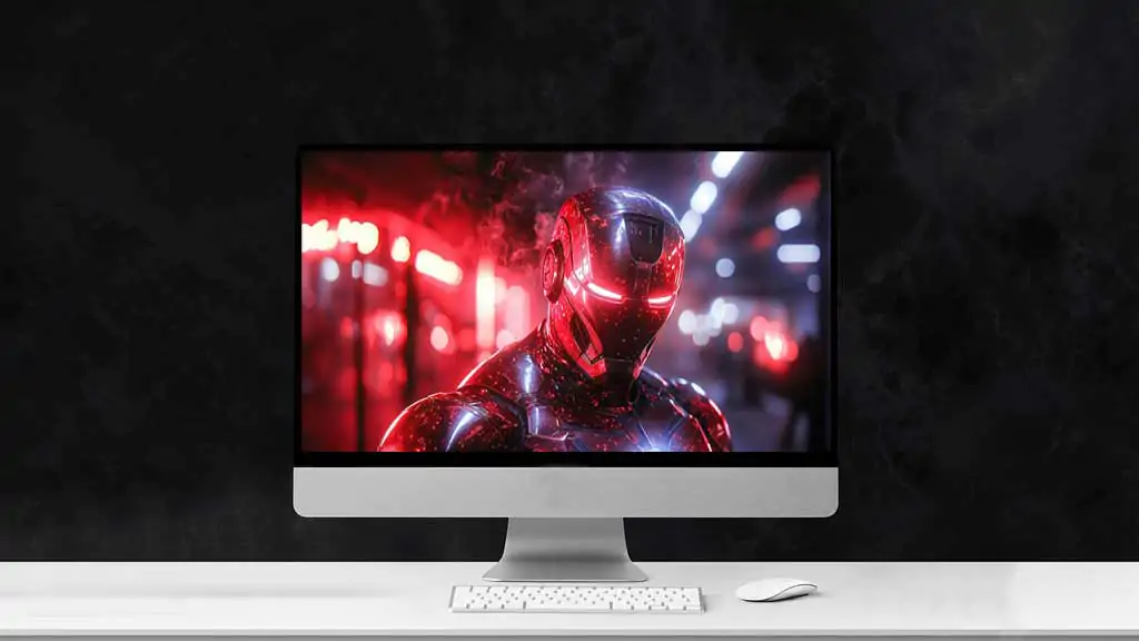 Fond d'écran Iron Man Cyberpunk 4K illuminé par des néons rouges avec des effets de fumée et un arrière-plan urbain en résolution Ultra HD pour ordinateur de bureau