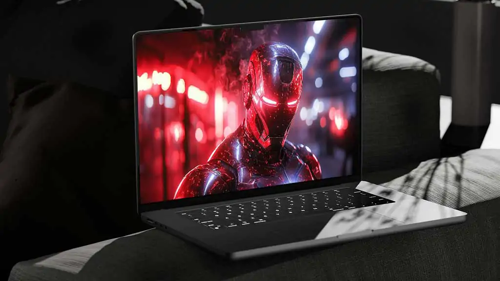 Fond d'écran Iron Man Cyberpunk 4K illuminé par des néons rouges avec des effets de fumée et un arrière-plan urbain en résolution Ultra HD pour ordinateur portable