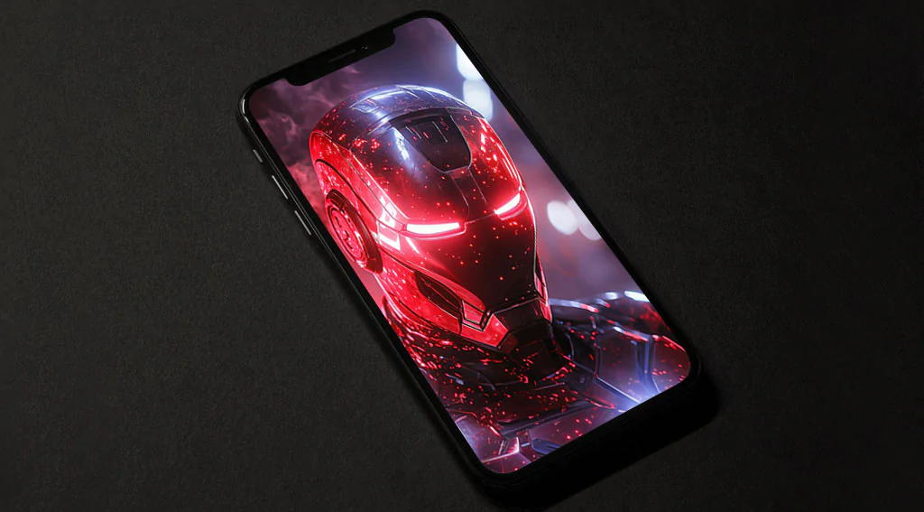 Fond d'écran Iron Man Cyberpunk 4K illuminé par des néons rouges avec des effets de fumée et un arrière-plan urbain en résolution Ultra HD pour téléphone portable et iPhone