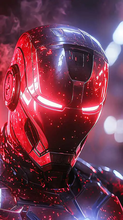 Fond d'écran Iron Man Cyberpunk 4K illuminé par des néons rouges avec des effets de fumée et un arrière-plan urbain en résolution Ultra HD pour téléphone portable et iPhone