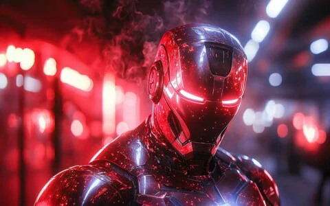 Iron Man Cyberpunk wallpaper 4K illuminated by red neon lights with smoke effects and urban background in Ultra HD resolution for all devices