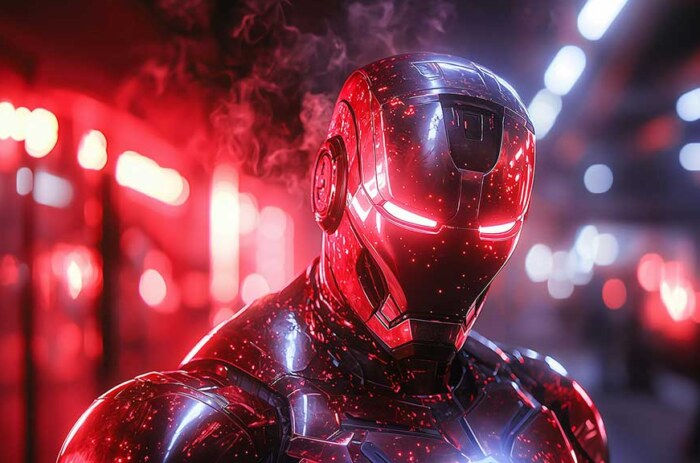 Fond d'écran Iron Man Cyberpunk 4K illuminé par des néons rouges avec des effets de fumée et un arrière-plan urbain en résolution Ultra HD pour tous les appareils