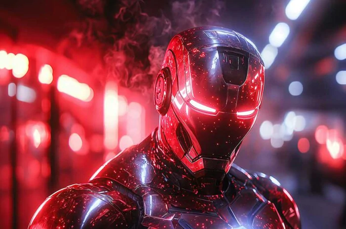 Iron Man Cyberpunk wallpaper 4K illuminated by red neon lights with smoke effects and urban background in Ultra HD resolution for all devices