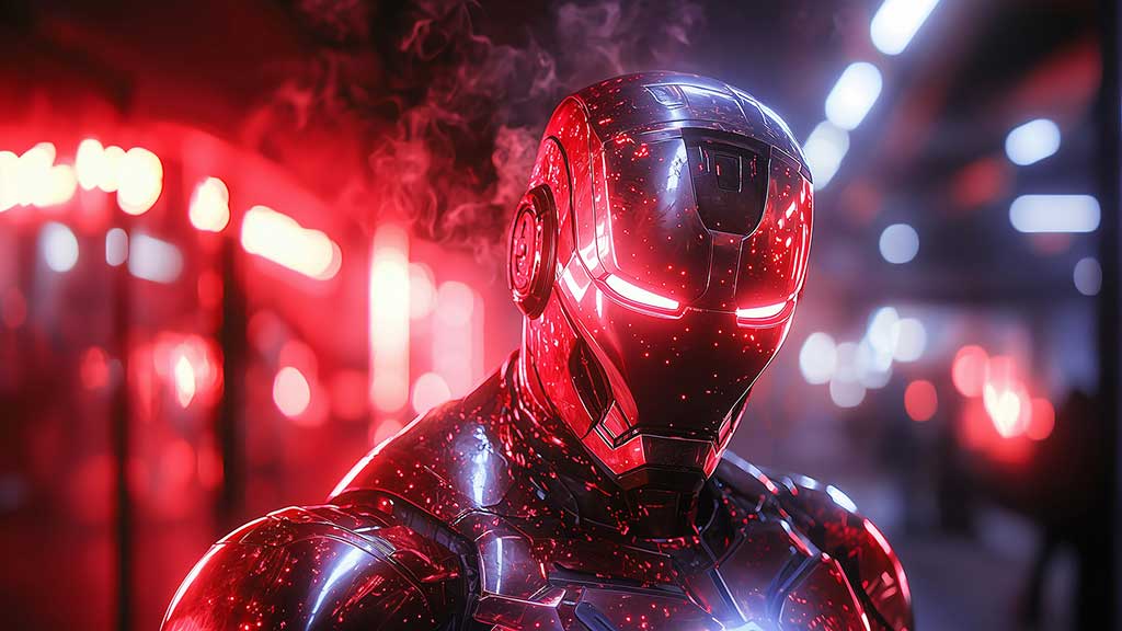 Fond d'écran Iron Man Cyberpunk 4K illuminé par des néons rouges avec des effets de fumée et un arrière-plan urbain en résolution Ultra HD pour tous les appareils