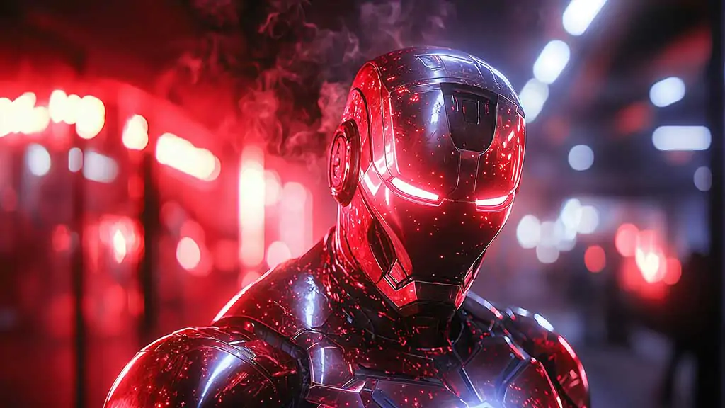 Fond d'écran Iron Man Cyberpunk 4K illuminé par des néons rouges avec des effets de fumée et un arrière-plan urbain en résolution Ultra HD pour tous les appareils