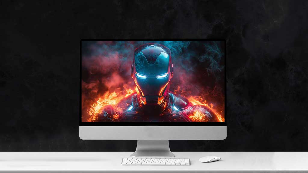 Fond d'écran 4K de l'armure d'Iron Man avec des yeux bleus brillants entourés de flammes et d'effets de fumée bleue en Ultra HD pour ordinateur de bureau