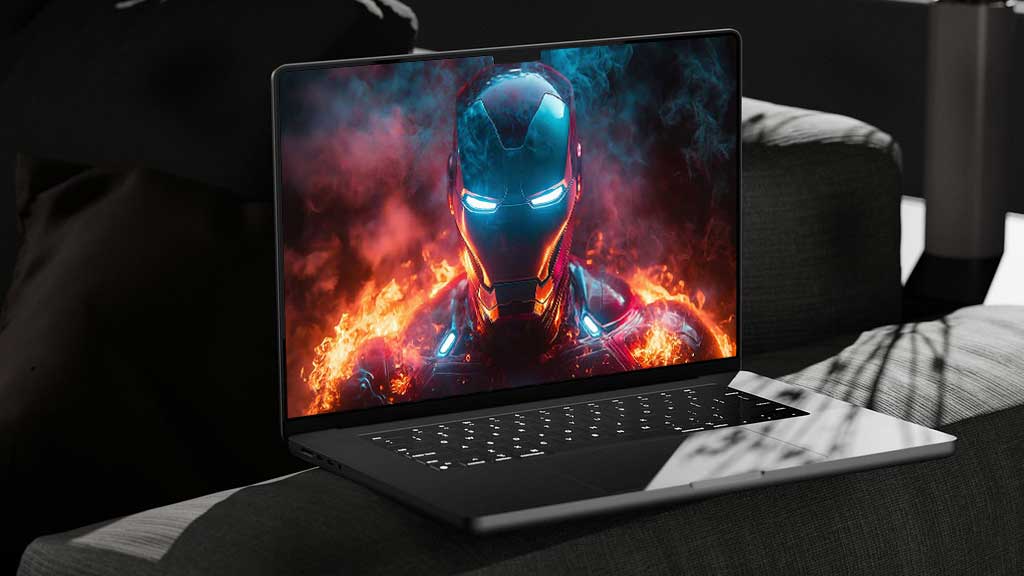 Fond d'écran 4K de l'armure d'Iron Man avec des yeux bleus brillants entourés de flammes et d'effets de fumée bleue en Ultra HD pour ordinateur portable