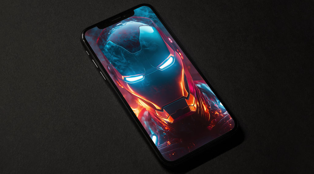 Fond d'écran 4K de l'armure d'Iron Man avec des yeux bleus brillants entourés de flammes et d'effets de fumée bleue en Ultra HD pour téléphone mobile et iPhone