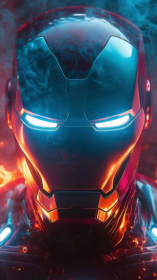 Fond d'écran 4K de l'armure d'Iron Man avec des yeux bleus brillants entourés de flammes et d'effets de fumée bleue en Ultra HD pour téléphone mobile et iPhone