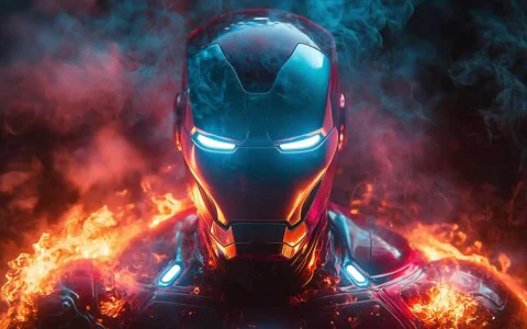 Iron Man armor wallpaper 4K with blue glowing eyes surrounded by flames and blue smoke effects in Ultra HD for all devices