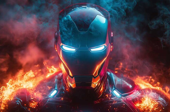 Fond d'écran de l'armure d'Iron Man en 4K avec des yeux bleus lumineux entourés de flammes et d'effets de fumée bleue en Ultra HD pour tous les appareils