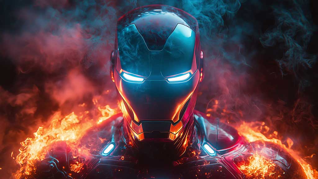 Fond d'écran de l'armure d'Iron Man en 4K avec des yeux bleus lumineux entourés de flammes et d'effets de fumée bleue en Ultra HD pour tous les appareils