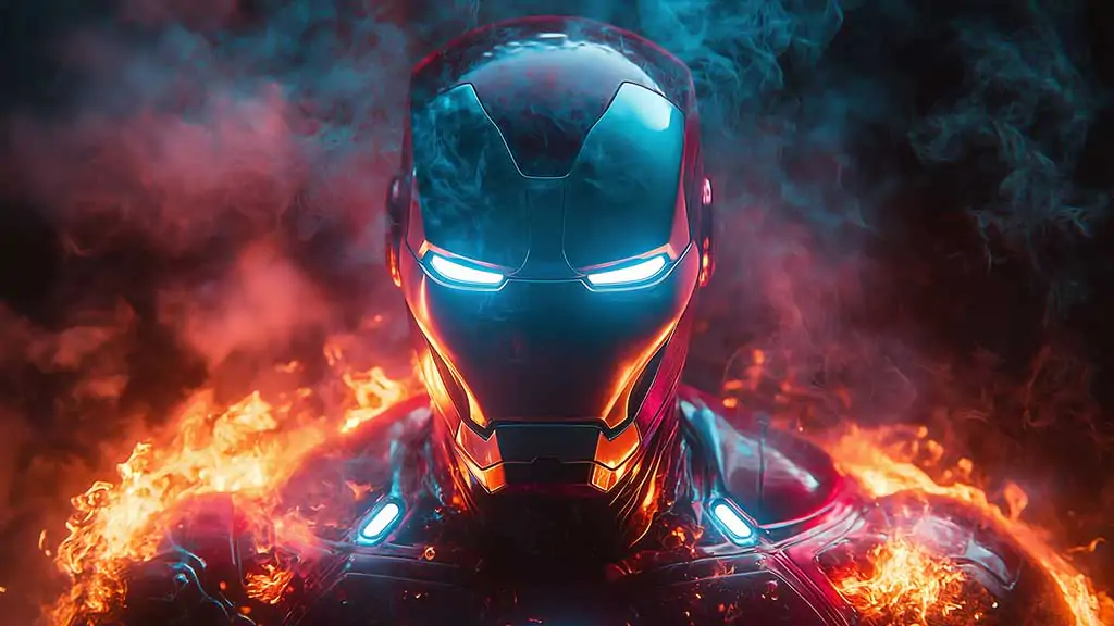 Iron Man armor wallpaper 4K with blue glowing eyes surrounded by flames and blue smoke effects in Ultra HD for all devices