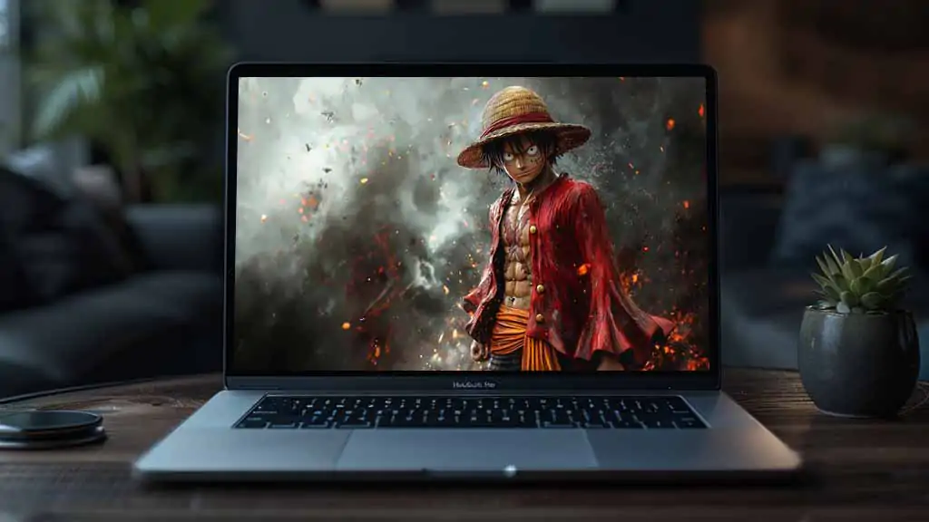 Monkey D. Luffy One Piece fond d'écran 4K avec pose dramatique avec chapeau de paille et manteau rouge sur fond de tempête Ultra HD gratuit pour Pc & téléphone portable