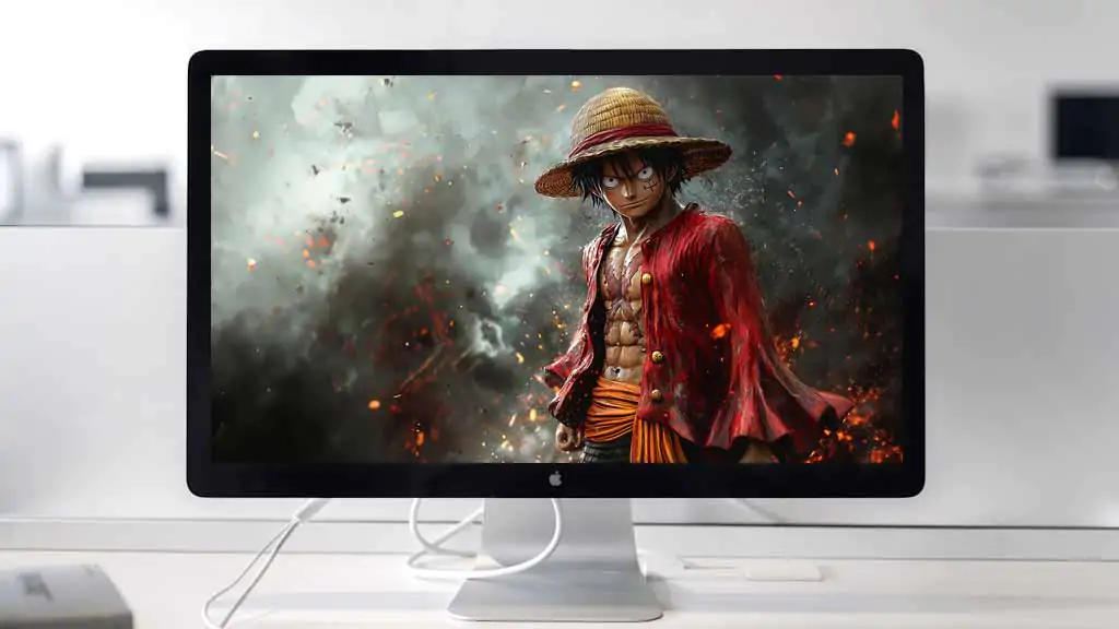 Monkey D. Luffy One Piece fond d'écran 4K avec pose dramatique avec chapeau de paille et manteau rouge sur fond de tempête Ultra HD gratuit pour Pc & téléphone portable