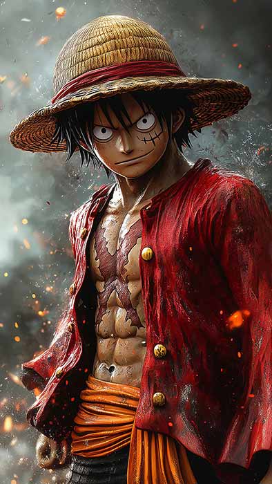 Monkey D. Luffy One Piece fond d'écran 4K avec pose dramatique avec chapeau de paille et manteau rouge sur fond de tempête Ultra HD gratuit pour Pc & téléphone portable