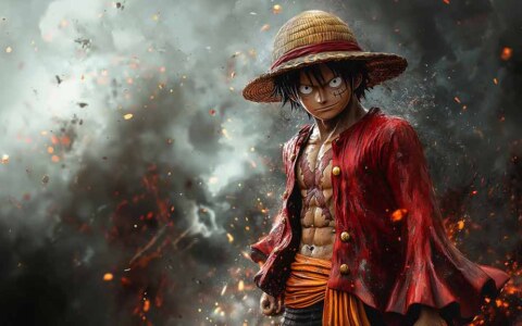 Monkey D. Luffy One Piece fond d'écran 4K avec pose dramatique avec chapeau de paille et manteau rouge sur fond de tempête Ultra HD gratuit pour Pc & téléphone portable