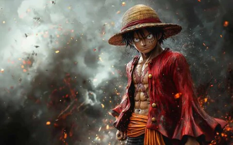 Monkey D. Luffy One Piece wallpaper 4K featuring dramatic pose with straw hat and red coat against stormy background Ultra HD free for Pc & mobile phone