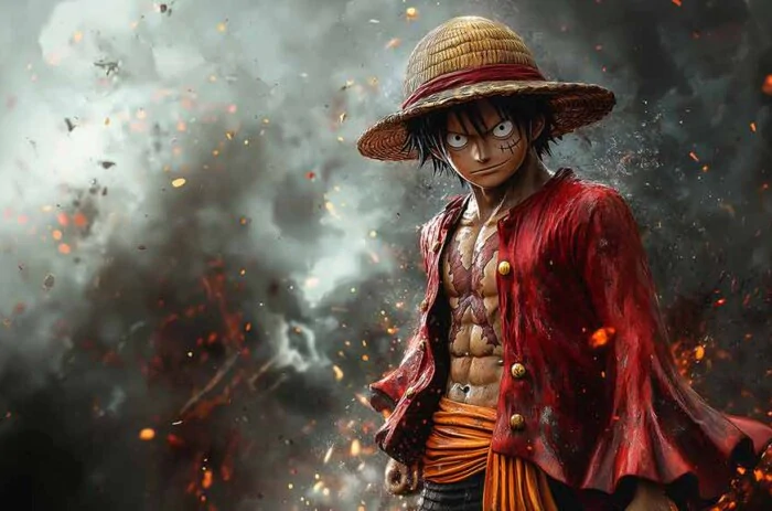 Monkey D. Luffy One Piece fond d'écran 4K avec pose dramatique avec chapeau de paille et manteau rouge sur fond de tempête Ultra HD gratuit pour Pc & téléphone portable