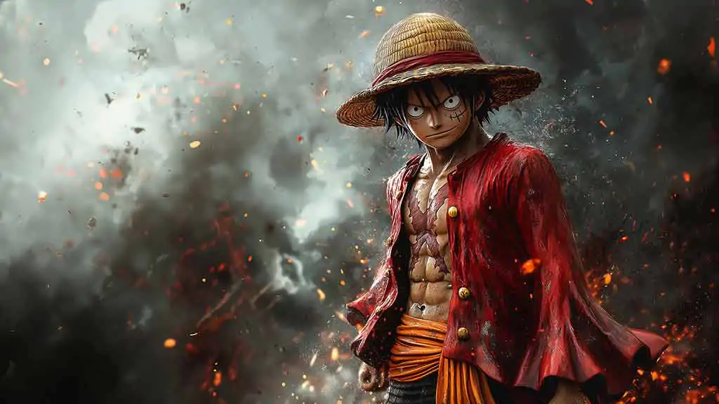 Monkey D. Luffy One Piece fond d'écran 4K avec pose dramatique avec chapeau de paille et manteau rouge sur fond de tempête Ultra HD gratuit pour Pc & téléphone portable