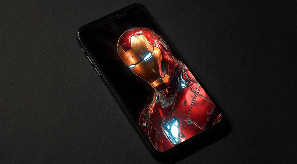 Fond d'écran 4K de portrait d'armure classique d'Iron Man avec détails et éléments lumineux sur fond noir en résolution Ultra HD pour téléphone mobile et iPhone