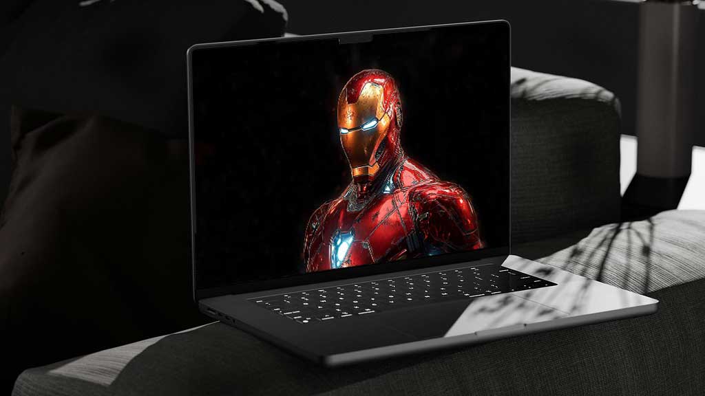 Fond d'écran 4K de portrait d'armure classique d'Iron Man avec détails et éléments brillants sur fond noir en résolution Ultra HD pour ordinateur portable