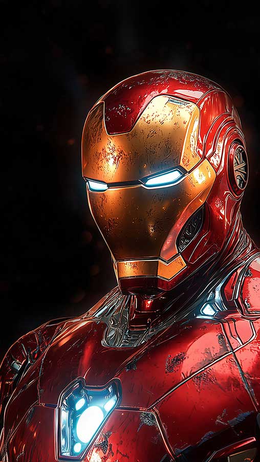 Fond d'écran 4K de portrait d'armure classique d'Iron Man avec détails et éléments lumineux sur fond noir en résolution Ultra HD pour téléphone mobile et iPhone
